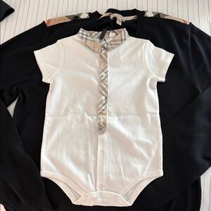 Burberry White Baby Bodysuit with Beige Check Trim